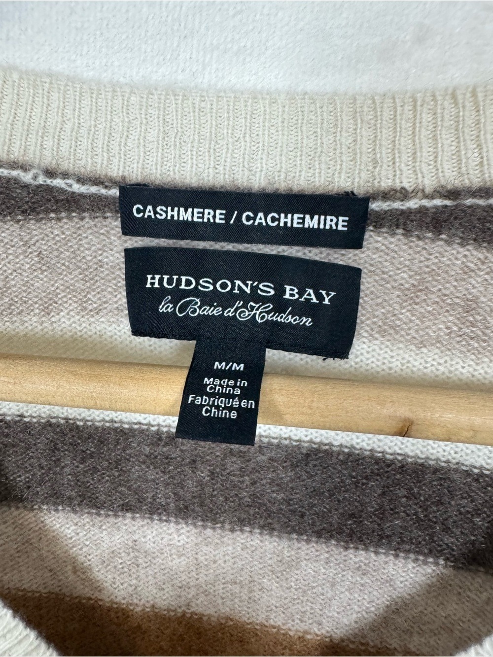 Hudson Bay Striped V-Neck Cashmere Sweater in Cream, Brown & Tan Medium - Picture 2 of 6